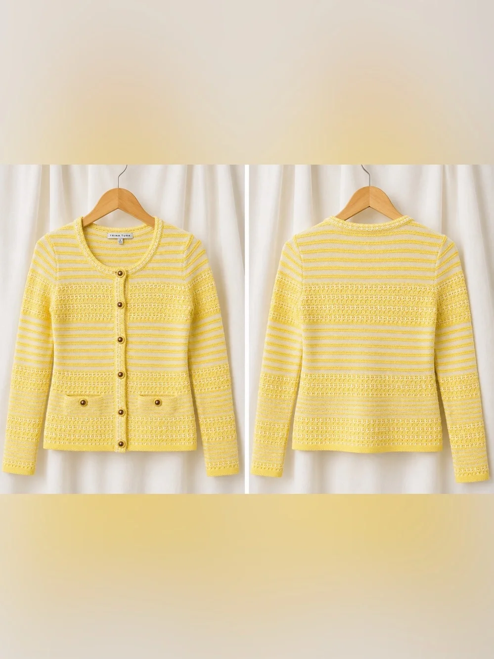 Trina Turk Yellow White Striped Cotton Knit Button-Front Cardigan Sweater Sz S